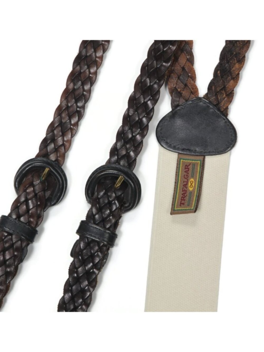 TRAFALGAR Black Leather Braided Button Tab White Elastic Fabric Suspenders